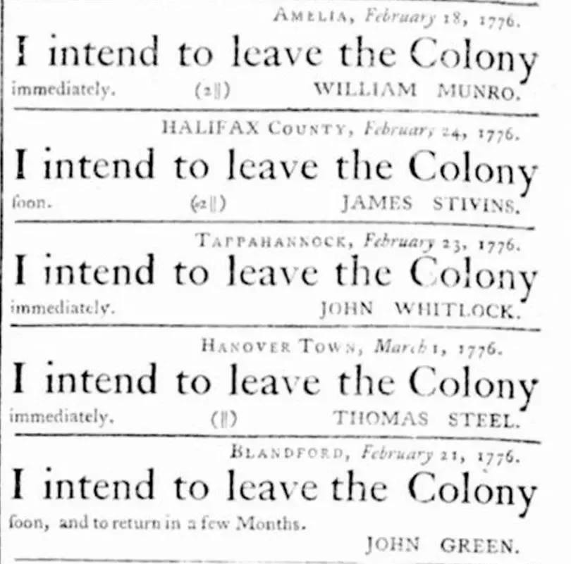 Newspaper page from the Virginia Gazette dated March 16, 1776, showing five departure notices stacked one after another, each using the identical large-type headline phrase "I intend to leave the Colony," placed by five different men from five different Virginia locations: William Munro of Amelia on February 18, James Stivins of Halifax County on February 24, John Whitlock of Tappahannock on February 23, Thomas Steel of Hanover Town on March 1, and John Green of Blandford on February 21, 1776.