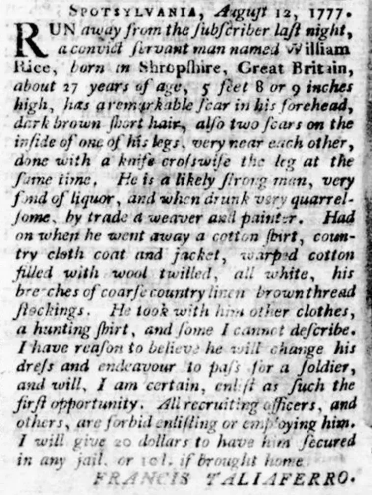 Reward notice signed by Francis Taliaferro of Spotsylvania, dated August 12, 1777, offering twenty dollars for the capture of William Rice, a convict servant born in Shropshire, Great Britain, age 27, described as having a notable scar on his forehead and two crossed scars on his leg, a weaver and painter by trade, fond of liquor, with a warning to recruiting officers not to enlist him, published in the Williamsburg Virginia Gazette, September 19, 1777.