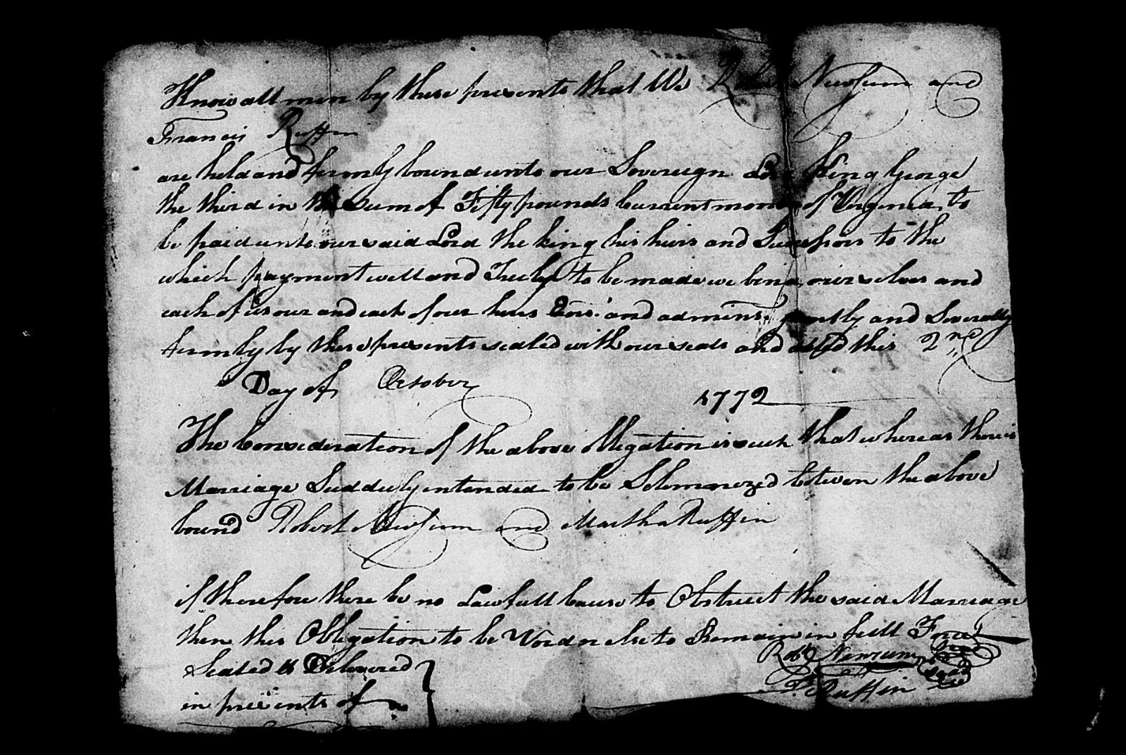 Handwritten marriage bond dated October 22, 1772, binding Robert Newsum and Francis Ruffin to King George III in the sum of fifty pounds current money of Virginia, stating that a marriage is suddenly intended to be solemnized between Robert Newsum and Martha Ruffin, with Robert Newsum's signature and Francis Ruffin's signature visible at the lower right.