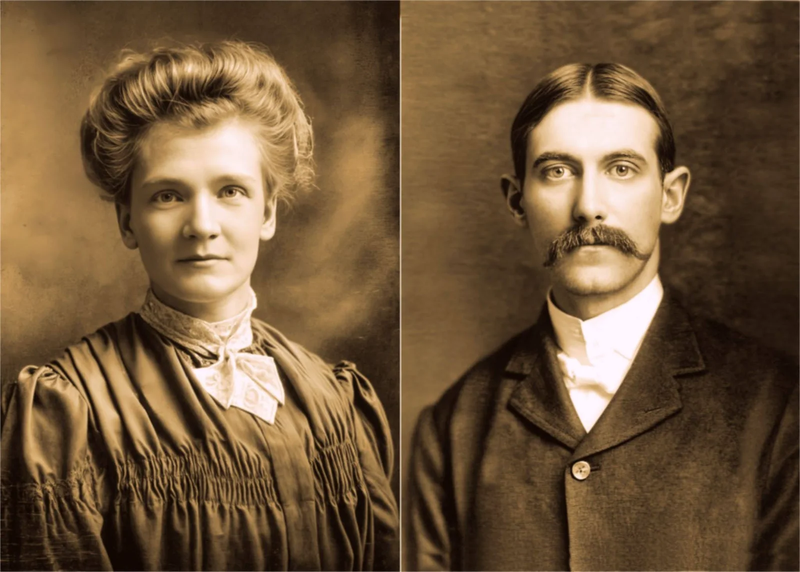 Side-by-side sepia-toned portraits of Emilie Wolf and Stanley L. Turner, circa 1905. Emilie wears a dark dress with a ruffled neckline; Stanley wears a dark suit with a mustache.