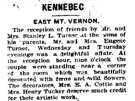 Newspaper clipping headlined "Kennebec — East Mt. Vernon" describing the wedding reception hosted by Mr. and Mrs. Eugene Turner, with the couple receiving friends on Wednesday and Thursday evenings in a room decorated with ferns and wild flowers.