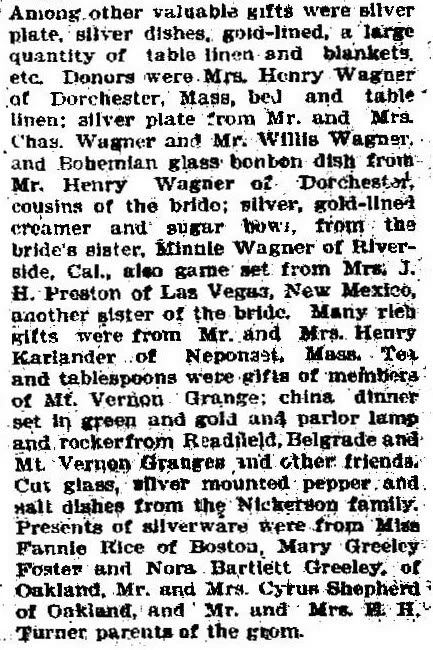 Newspaper excerpt listing wedding gifts received by the couple, naming donors including members of the Wagner family of Dorchester, Massachusetts; Minnie Wagner of Riverside, California; Mrs. J. H. Preston of Las Vegas, New Mexico; and Mr. and Mrs. H. H. Turner, parents of the groom.