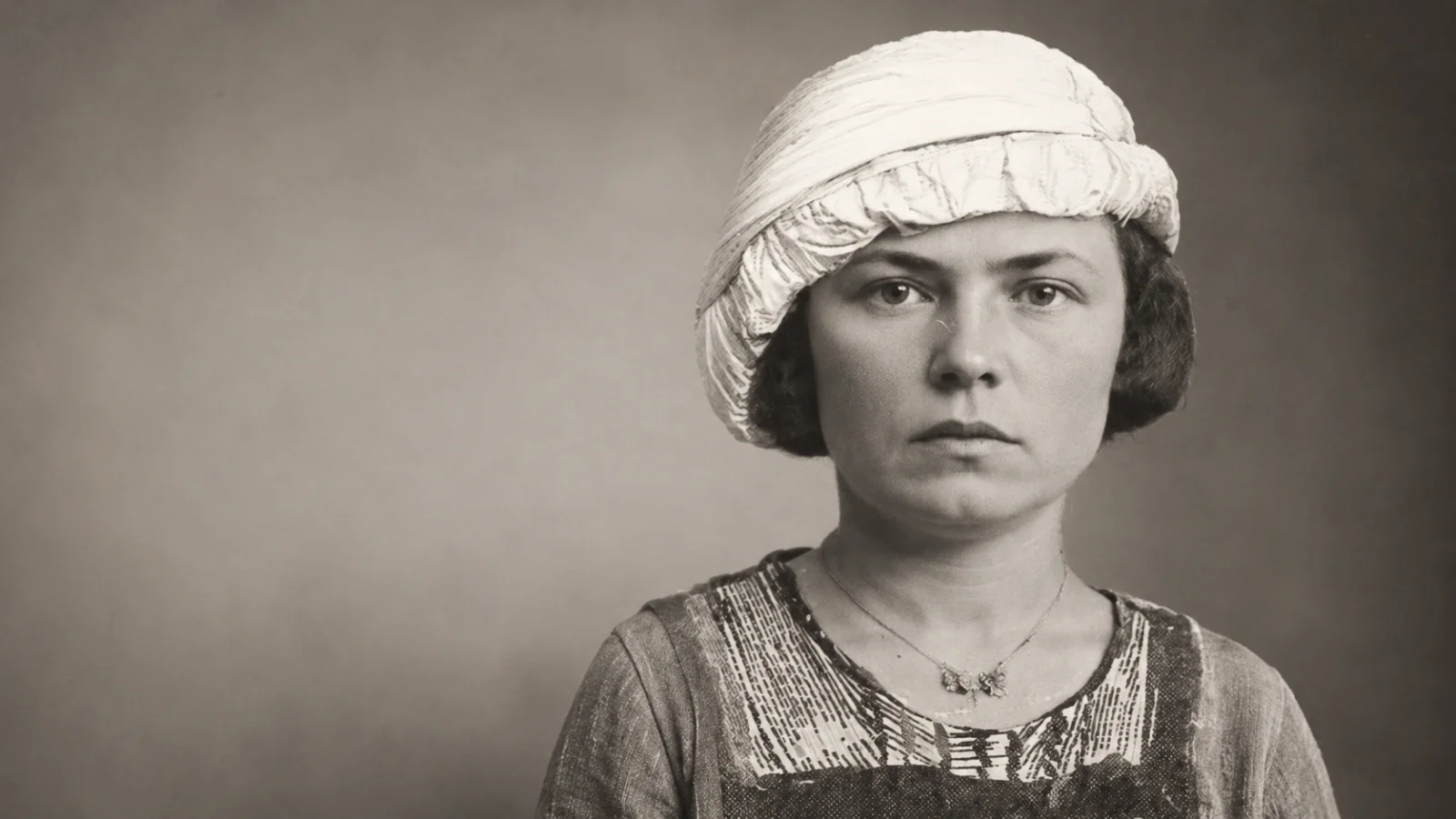 Recreated 1920s-style portrait of Annie M. Scroggs wearing a light headscarf and period dress, posed against a plain studio background.