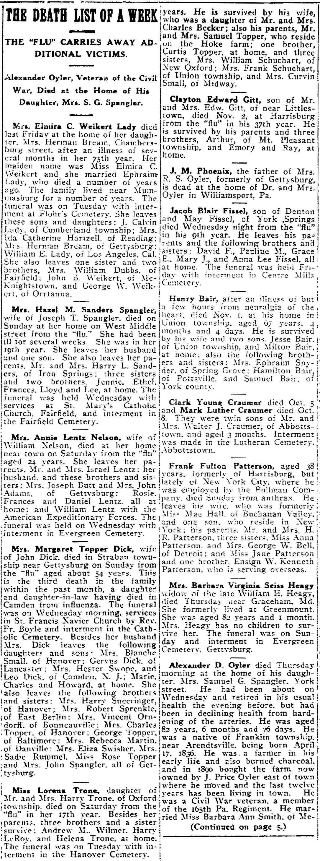 Newspaper clipping from the Gettysburg Compiler, November 1918, headlined "The Death List of a Week," listing multiple Spanish flu deaths among ordinary residents of the Gettysburg, Pennsylvania area
