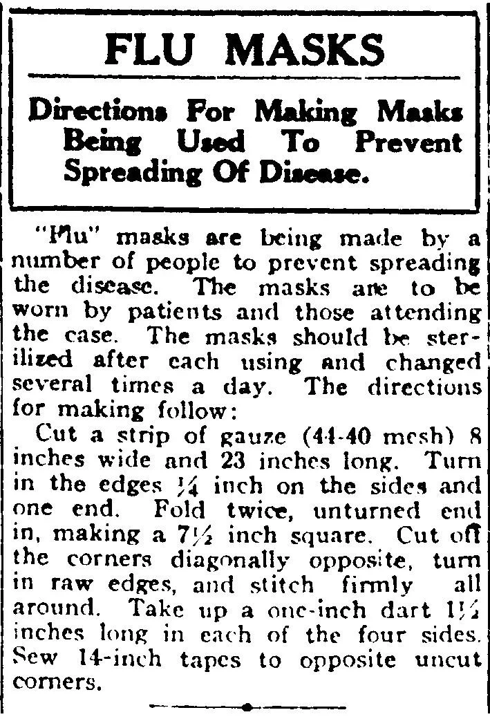 Newspaper clipping from the Quincy Whig, October 18, 1918, headlined "Flu Masks," with step-by-step instructions for making cloth gauze masks to prevent the spread of influenza