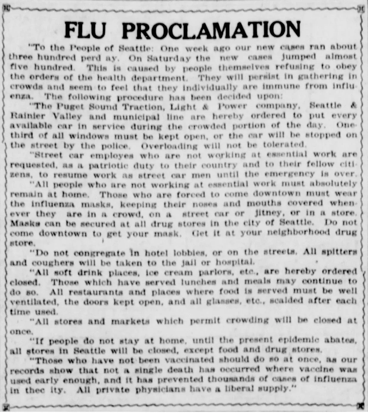 Newspaper clipping from the Seattle Star, October 28, 1918, printing a "Flu Proclamation" with public health orders requiring masks, closing businesses, and ordering residents to stay home during the influenza epidemic