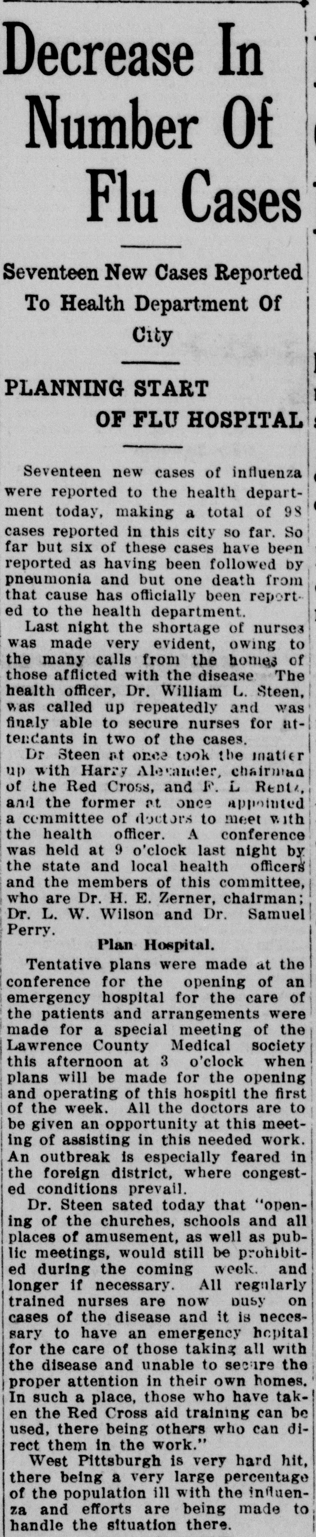 Newspaper clipping from the New Castle News, October 12, 1918, reporting a decrease in influenza cases and plans for an emergency flu hospital in coordination with the Red Cross