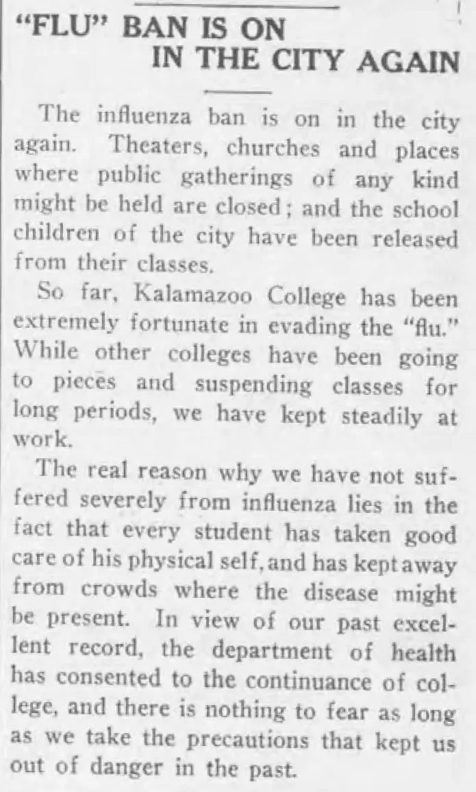 Newspaper clipping from the Kalamazoo College Index, January 1918, headlined "Flu Ban Is On in the City Again," reporting that theaters, churches, and schools had been closed due to the influenza epidemic