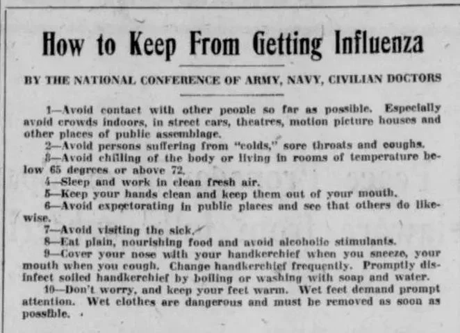 Newspaper clipping from the Wilmington Evening Journal, October 17, 1918, headlined "How to Keep From Getting Influenza," listing ten rules issued by the National Conference of Army, Navy, and Civilian Doctors
