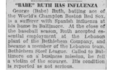 Newspaper clipping from the Wilmington Evening Journal, October 17, 1918, headlined "Babe Ruth Has Influenza," reporting that the Boston Red Sox player had contracted Spanish influenza at his home in Baltimore