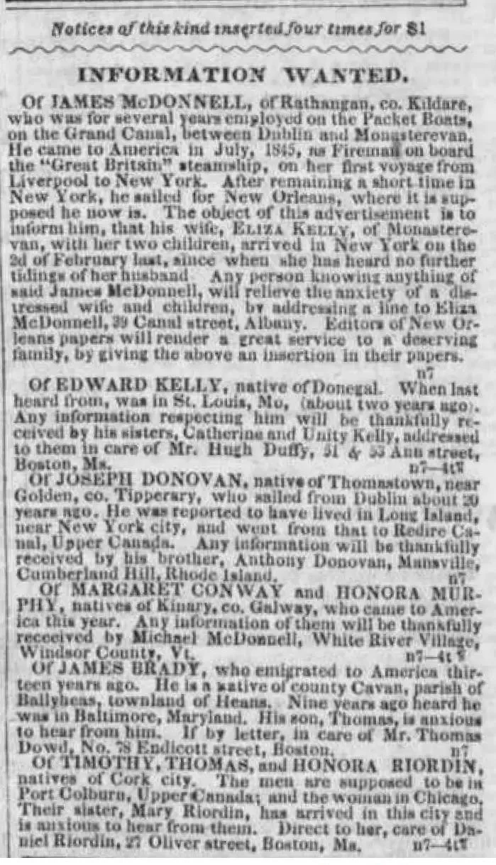 Boston Pilot "Information Wanted" column from November 7, 1846, showing the notice seeking James McDonnell of Rathangan, county Kildare, placed by his wife Eliza Kelly who arrived in New York with their two children