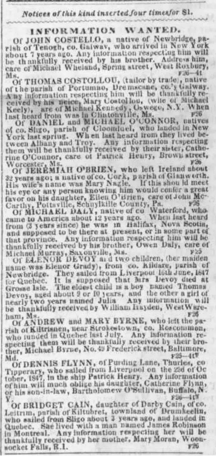 Boston Pilot "Information Wanted" column from February 26, 1848, including the notice for Elenor Devoy and her two children, noting that Mrs. Devoy was supposed to have died at Grosse Isle quarantine station