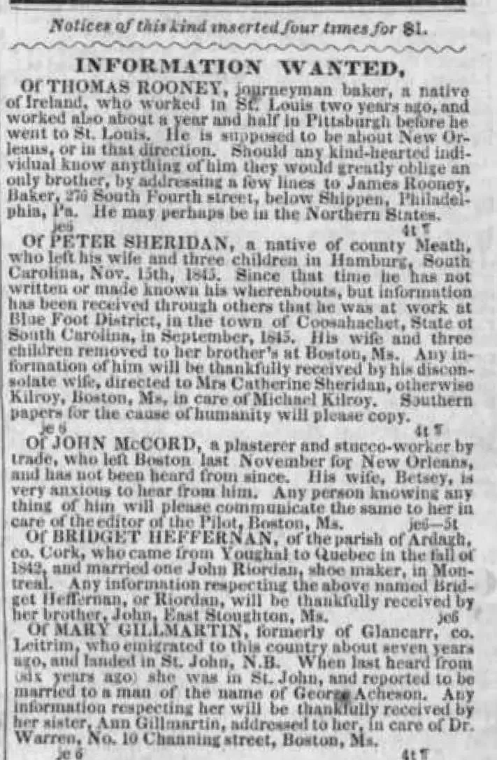Boston Pilot "Information Wanted" column from June 6, 1846, showing Famine-era notices including one seeking Thomas Rooney, a journeyman baker from Ireland last seen near New Orleans, and another for Peter Sheridan of county Meath, who left his wife and three children in South Carolina in November 1845