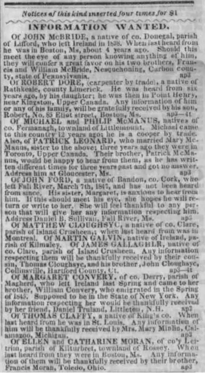 Boston Pilot "Information Wanted" column from April 3, 1847, including a notice for Robert Dore, a carpenter from Rathkeale, county Limerick, last heard from near Kingston, Upper Canada, sought by his son at 85 Eliot Street, Boston