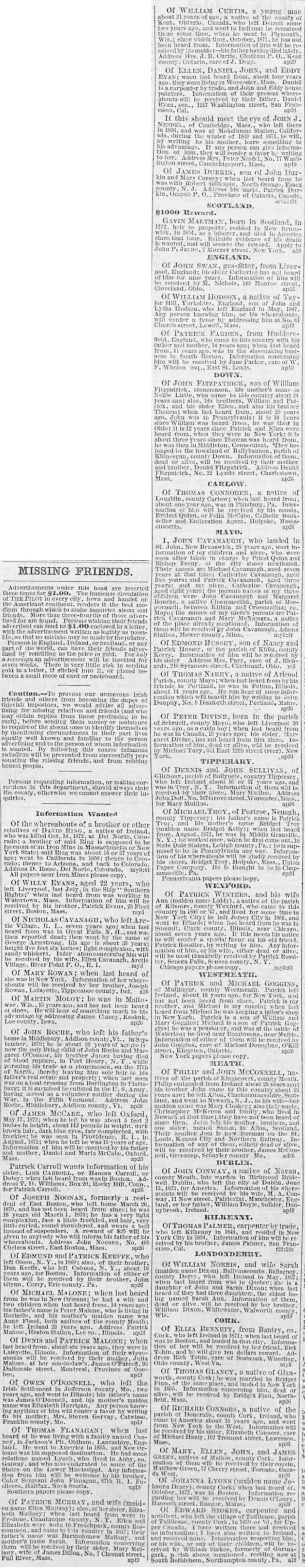 Boston Pilot "Information Wanted" column from May 3, 1873, showing notices organized by Irish county of origin including Down, Mayo, Tipperary, Westmeath, Cork, and Dublin, with a caution to readers about impostors and a notice seeking Patrick and Michael Goggins of Mullingar, county Westmeath