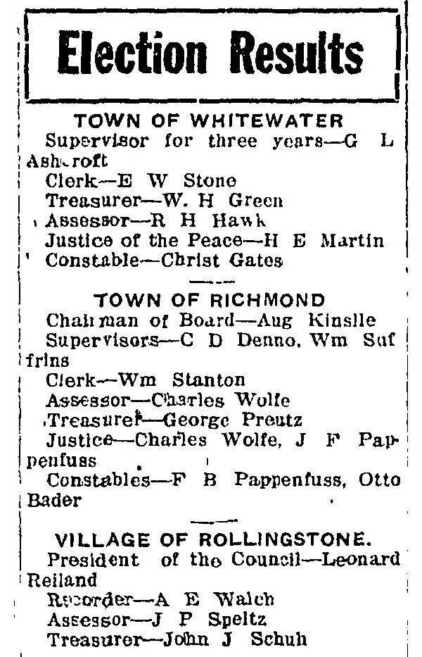 Election results clipping from the Winona Republican Herald, March 1923, listing winners by office for the towns of Whitewater, Richmond, and Rollingstone