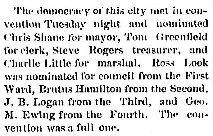 News item from the Greensburg Saturday Review, April 1881, reporting local Democratic convention nominations for mayor, clerk, treasurer, marshal, and four ward council seats