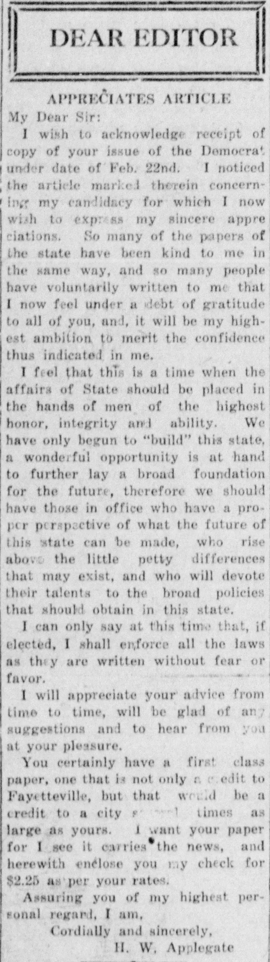 Dear Editor letter published in the Fayetteville Daily Democrat, March 1924, signed by H. W. Applegate, expressing political views and gratitude for newspaper coverage of his candidacy