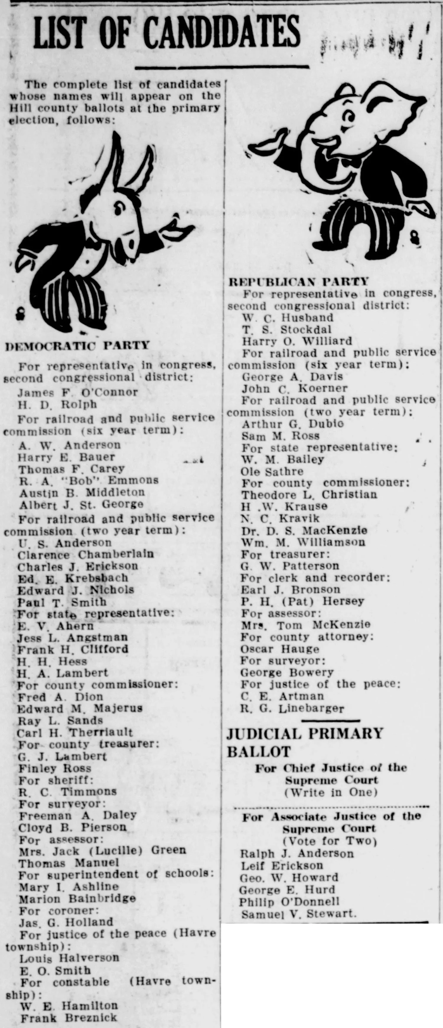 Complete primary election candidate list from the Havre Daily News, July 1938, showing Democratic and Republican candidates for Hill County, Montana offices including county commissioner, sheriff, assessor, and justice of the peace