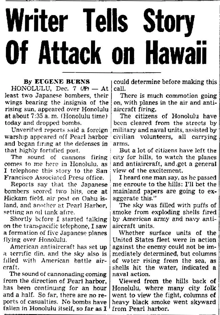 Front page of the Reno Evening Gazette, December 7, 1941, with the headline "Writer Tells Story of Attack on Hawaii" by Eugene Burns, AP correspondent filing from Honolulu during the attack