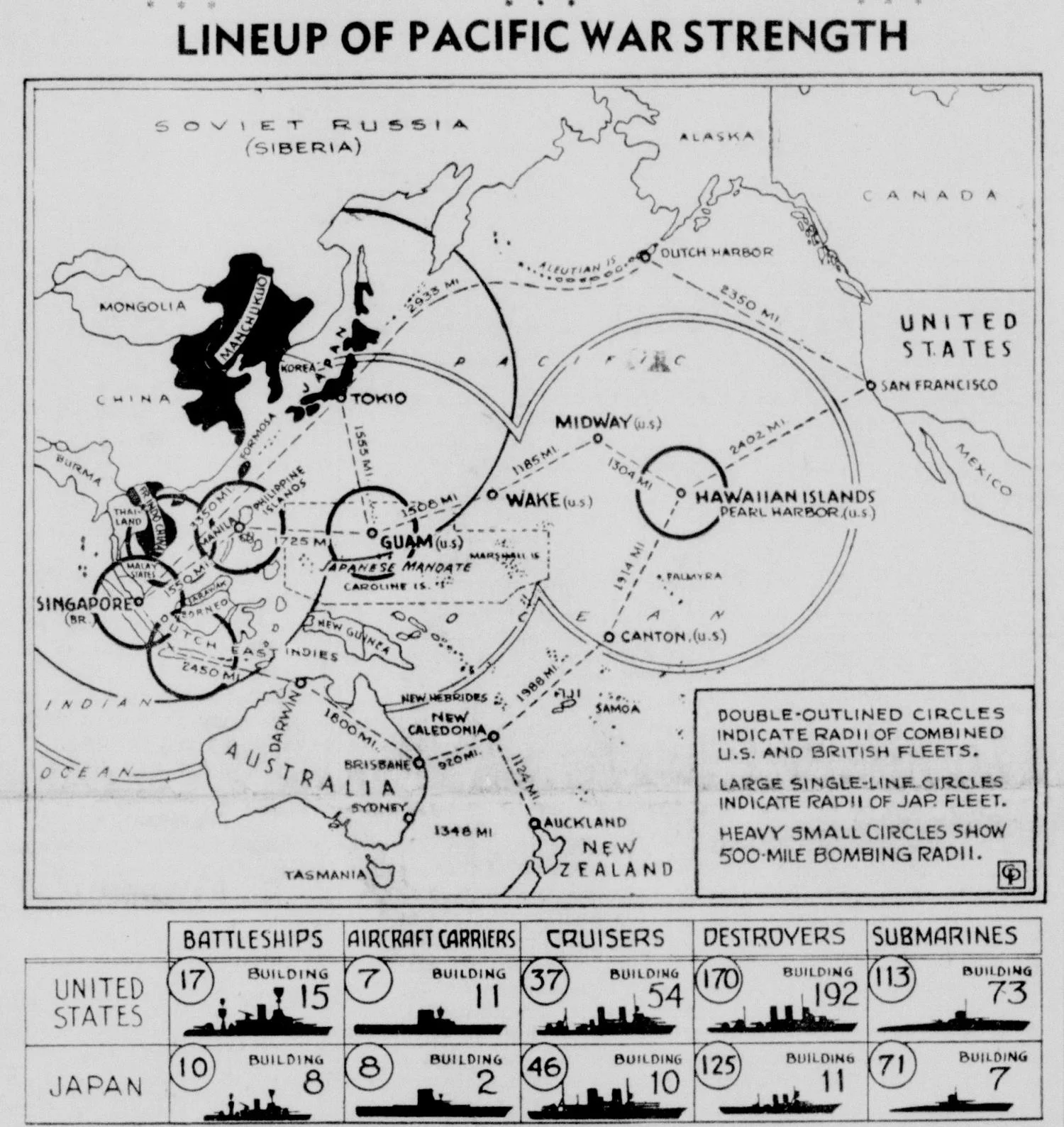 "Lineup of Pacific War Strength" graphic from the Washington C.H. Record Herald, December 7, 1941, showing a Pacific theater map with fleet strength comparison tables between the United States and Japan