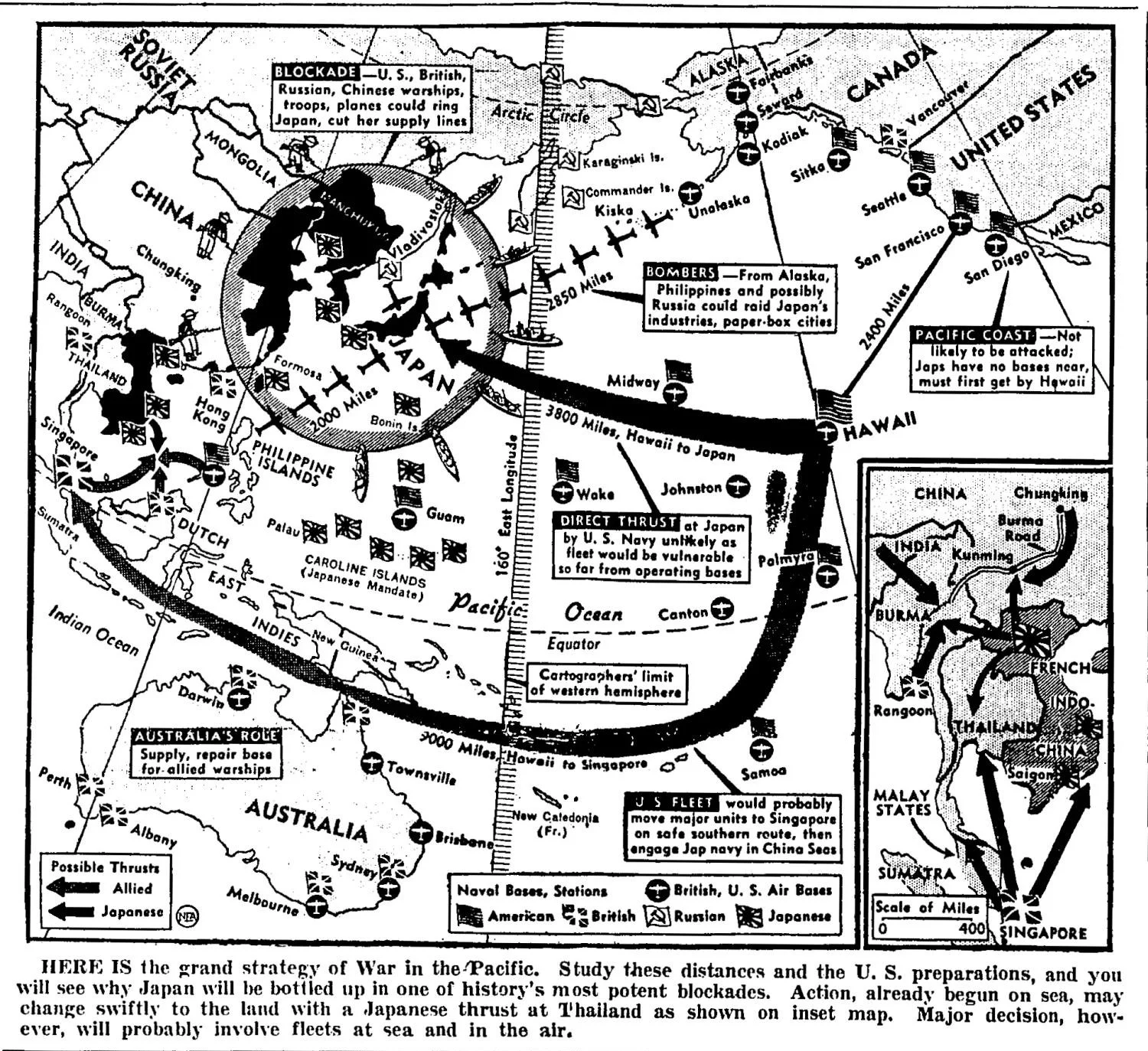 Full-page Pacific war strategy map from the Hutchinson Herald, December 7, 1941, showing Allied and Japanese fleet positions, bombing radii, thrust lines, and annotated distances across the Pacific
