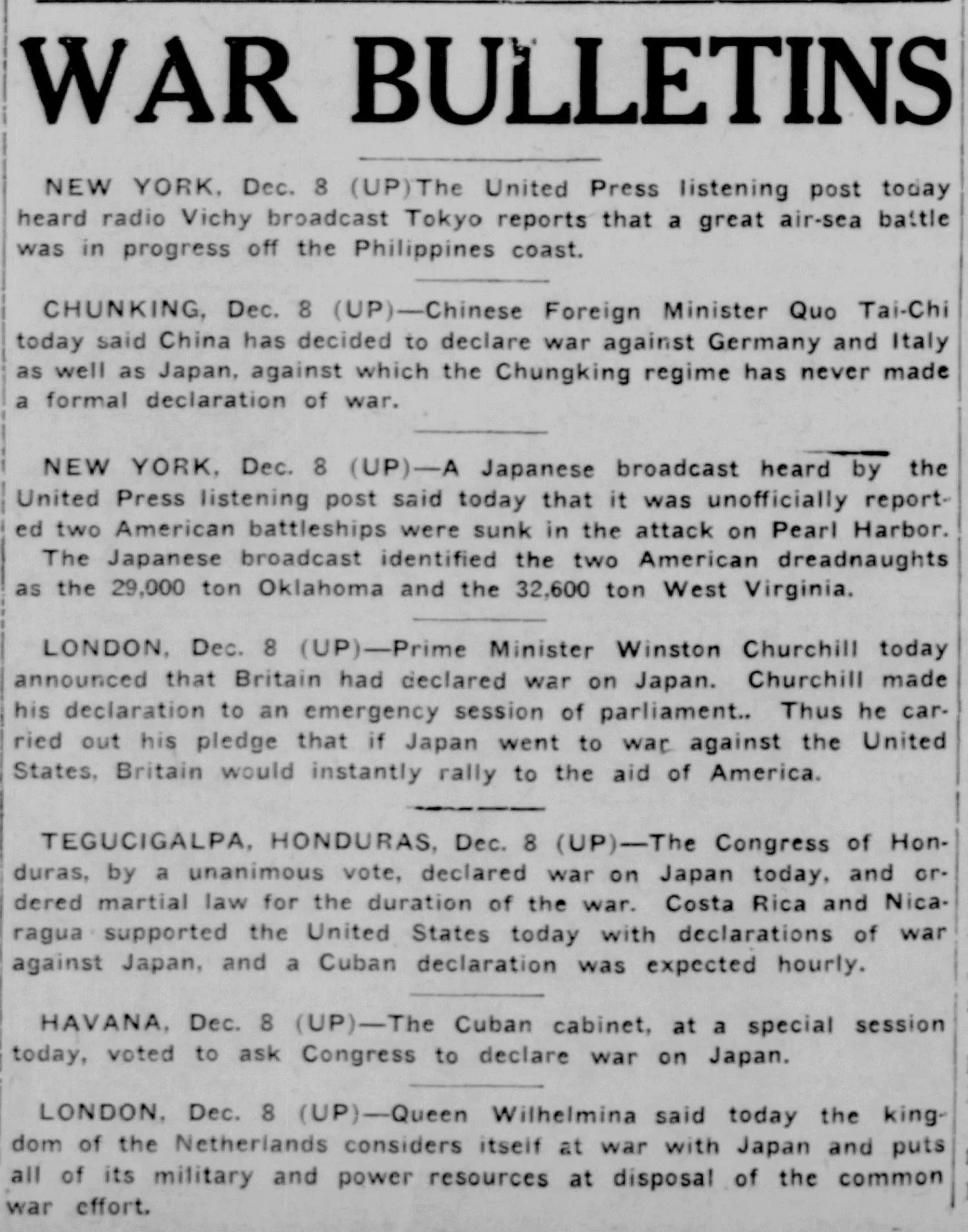 "War Bulletins" front page from the Murphysboro Daily Independent, December 8, 1941, with dispatches from New York, Chungking, London, Tegucigalpa, Havana, and London reporting international responses to the Pearl Harbor attack