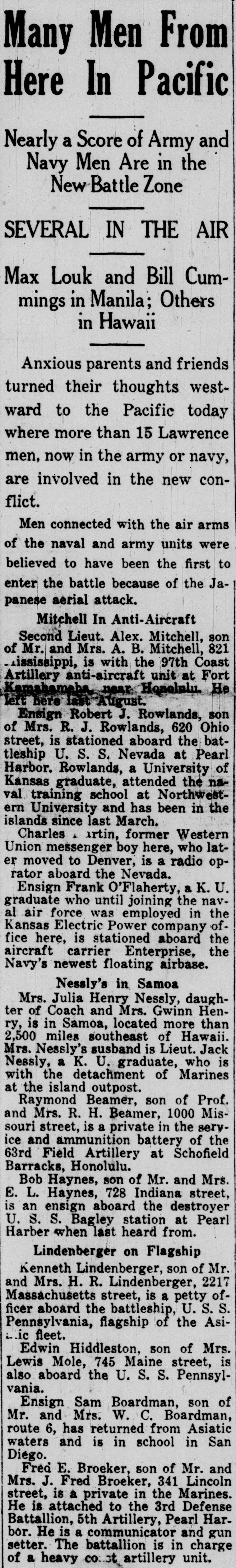 "Many Men From Here in the Pacific" article from the Lawrence Journal World, December 7, 1941, naming more than fifteen Lawrence, Kansas men in the Army or Navy, with their addresses, ships, and units listed