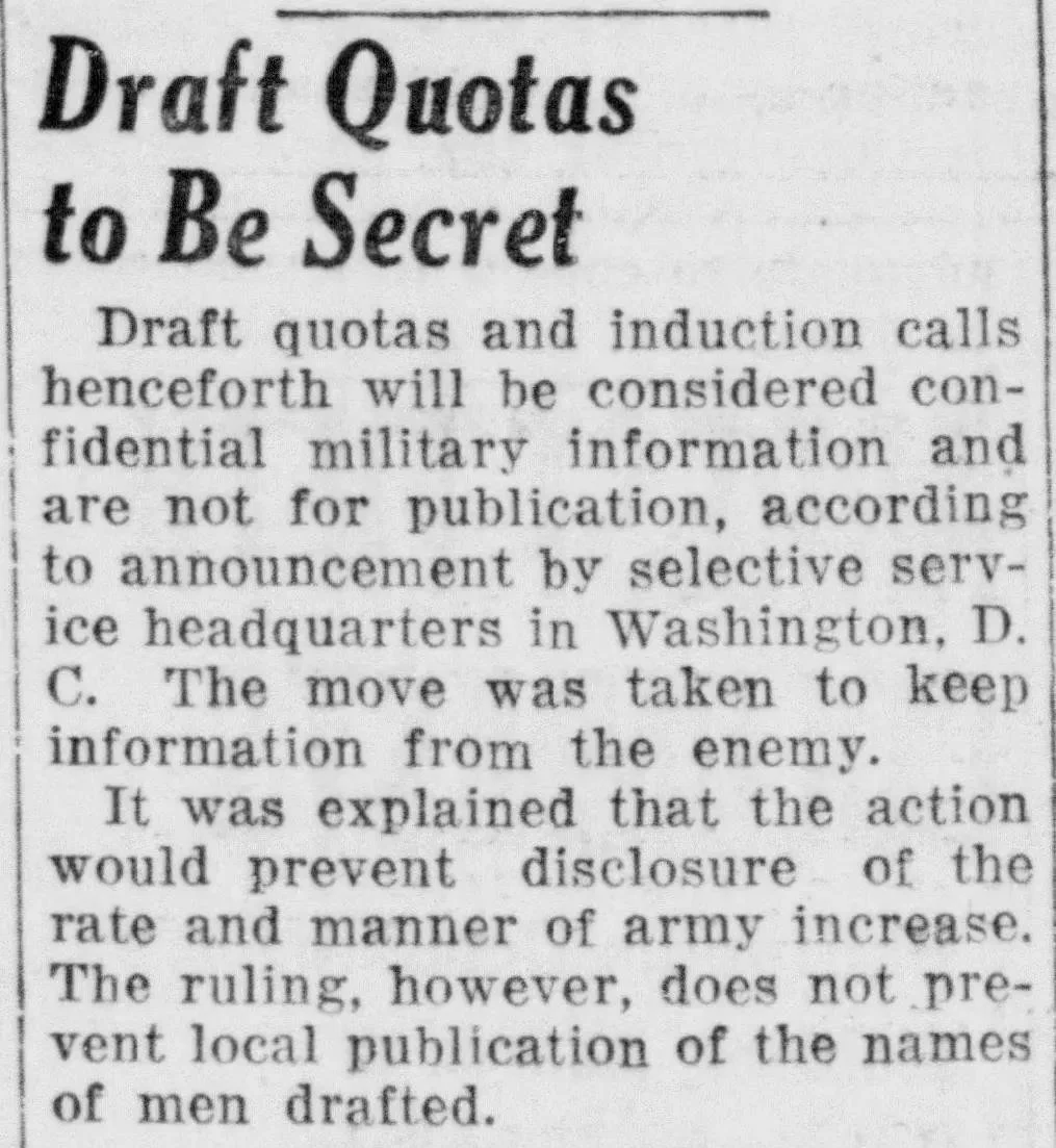 "Draft Quotas to Be Secret" article from the Burlington Daily Hawk-Eye Gazette, December 15, 1941, reporting that draft quotas would become confidential military information, but that local papers could continue publishing the names of men drafted
