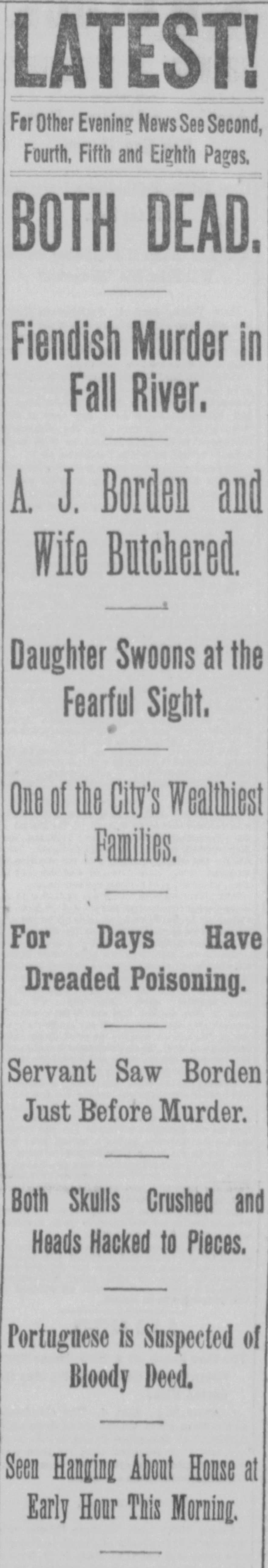 Front page of the Boston Daily Globe dated August 4, 1892, with multiple stacked headlines reading "Both Dead," "Fiendish Murder in Fall River," and "A.J. Borden and Wife Butchered," reporting on the murders of Andrew and Abby Borden in Fall River, Massachusetts.