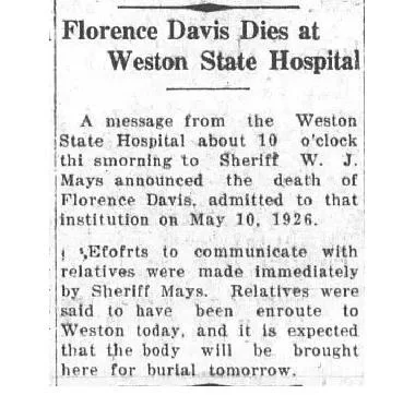 Newspaper notice from the Grafton Sentinel, September 12, 1929, headlined "Florence Davis Dies at Weston State Hospital," reporting her death and the effort to notify her relatives for burial arrangements.