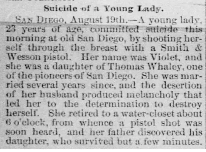 Newspaper notice from the Sacramento Daily Record-Union dated August 20, 1885, headlined "Suicide of a Young Lady," reporting the death of Violet Whaley, daughter of San Diego pioneer Thomas Whaley, at the family home on August 19, 1885.