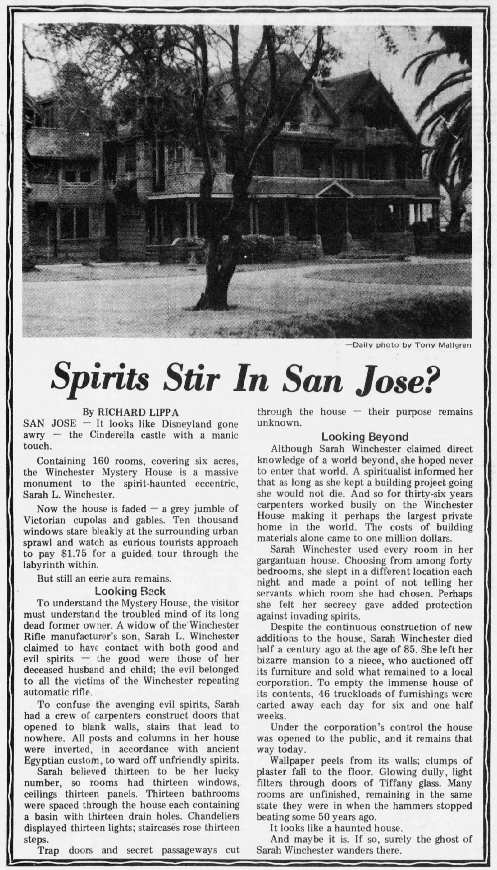 Newspaper feature headlined "Spirits Stir in San Jose?" with a photograph of the Winchester Mystery House in San Jose, California, describing the 160-room mansion built by Sarah Winchester over 36 years.