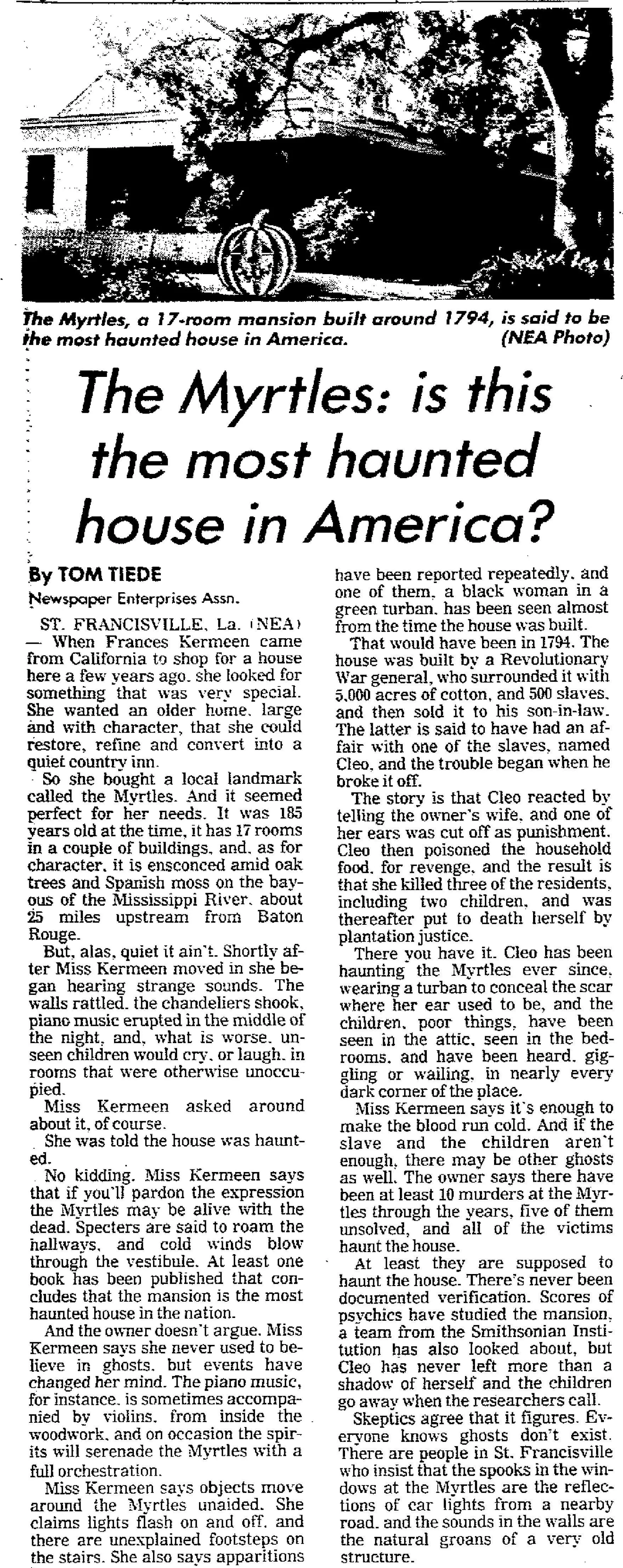 Newspaper feature article headlined "The Myrtles: Is This the Most Haunted House in America?" with a photograph of the Louisiana plantation, published by the Newspaper Enterprises Association.
