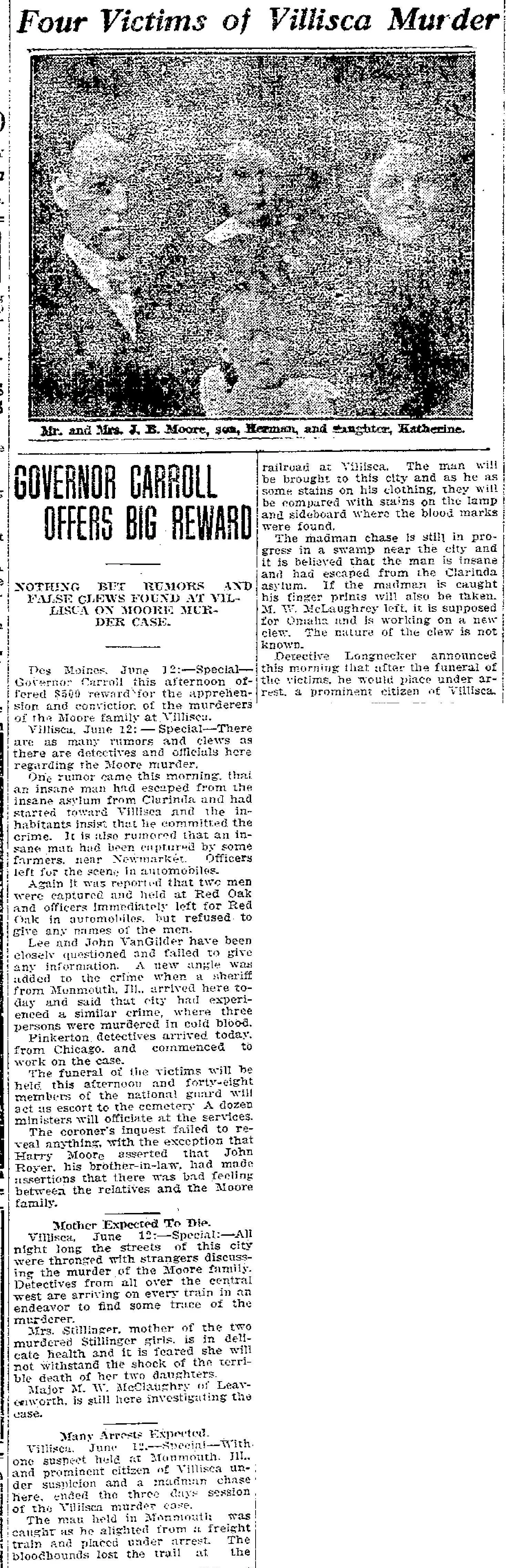 Newspaper page from June 12, 1912, headlined "Four Victims of Villisca Murder" and "Governor Carroll Offers Big Reward," featuring photographs of Josiah and Sarah Moore, their son Herman, and daughter Katherine, with coverage of the investigation into the Villisca axe murders.