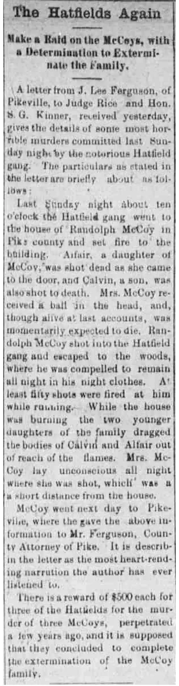 Newspaper clipping from the Big Sandy News, Louisa, Kentucky, January 5, 1888, headlined "The Hatfields Again," reporting the New Year's Night raid on the McCoy cabin including the deaths of Alifair and Calvin McCoy