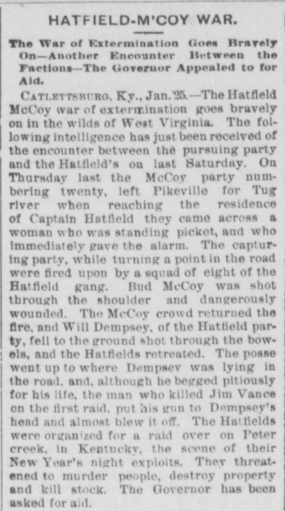 Newspaper clipping from the Norwalk Daily Reflector, Norwalk, Ohio, January 25, 1888, headlined "Hatfield-M'Coy War," reporting the pursuit of the Hatfields and appeals to the governor for aid