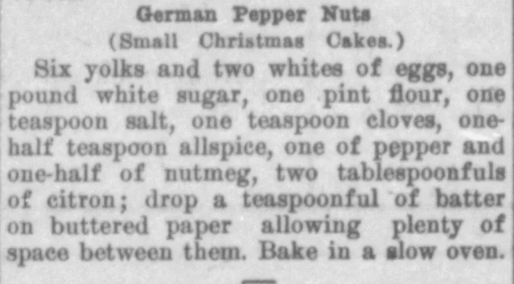 German Pepper Nuts recipe from the Ames Intelligencer, December 13, 1906, showing ingredients for small Christmas cakes including cloves, allspice, and citron