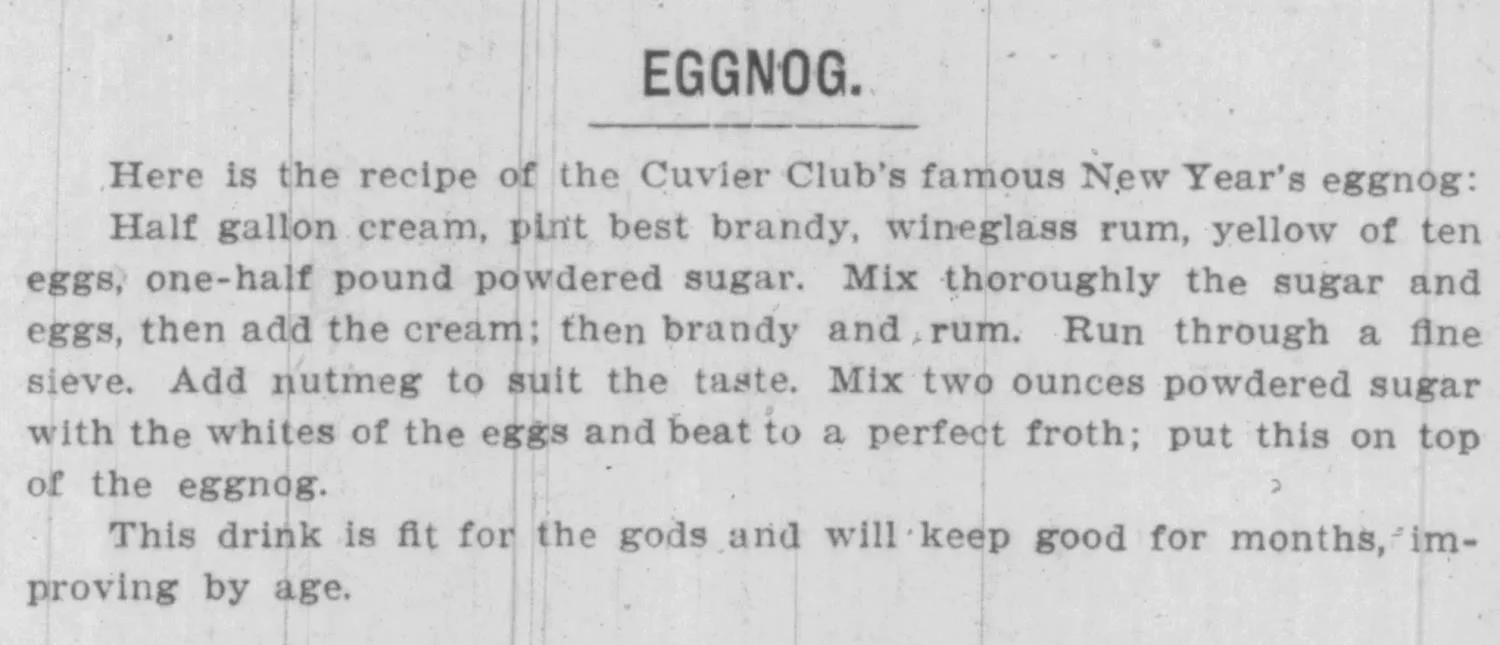 Eggnog recipe from the Cincinnati Commercial Tribune, January 4, 1905, featuring the Cuvier Club's New Year's eggnog with brandy, rum, and cream