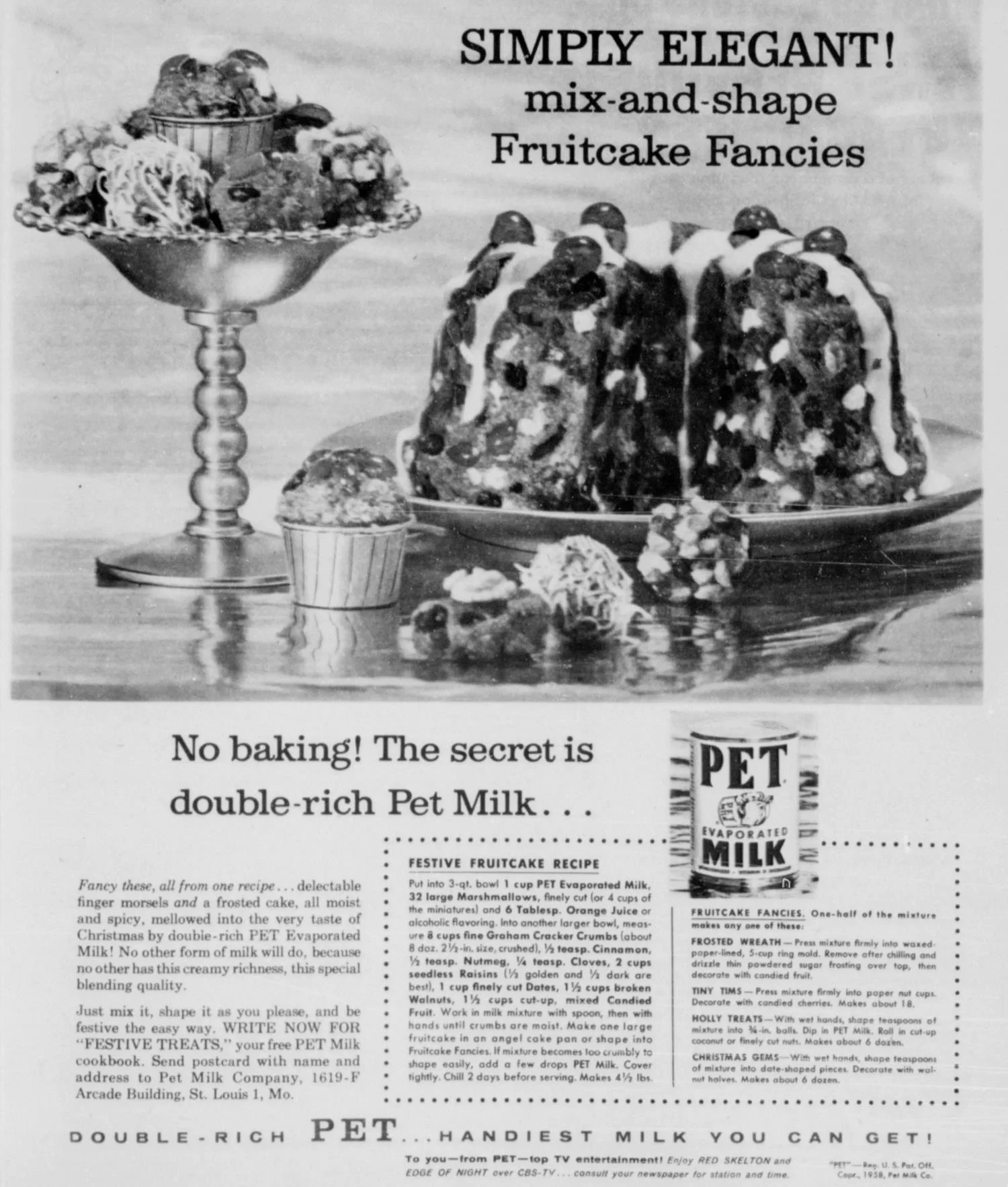 Pet Milk advertisement from the Burlington Hawk-Eye Gazette, November 30, 1958, featuring a no-bake Fruitcake Fancies recipe using PET Evaporated Milk