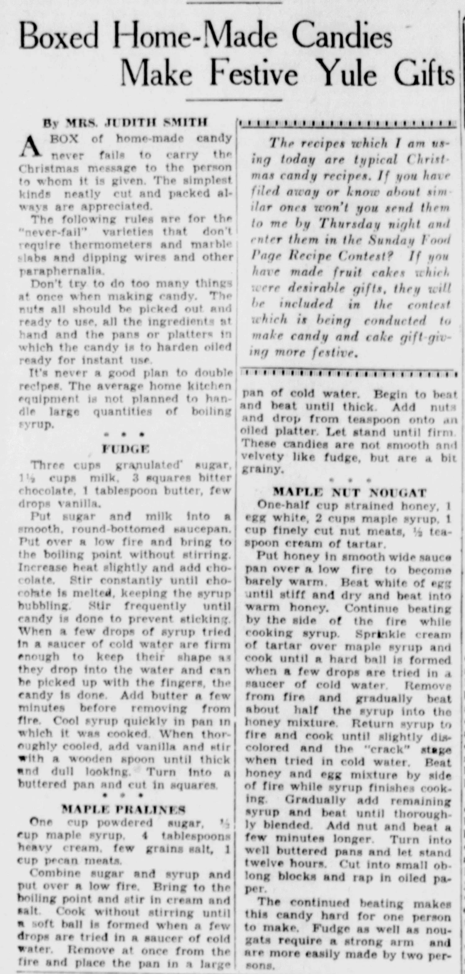 Canton Daily News article from December 9, 1929, featuring holiday candy recipes including fudge, maple pralines, and maple nut nougat