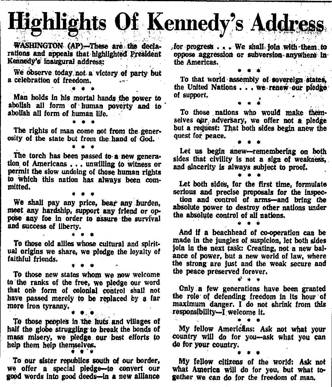 Newspaper clipping titled "Highlights of Kennedy's Address," excerpting memorable lines from President Kennedy's 1961 inaugural speech, Phoenix Arizona Republic, January 1961
