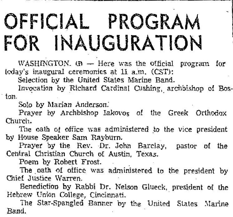 Newspaper clipping listing the official program for John F. Kennedy's 1961 inauguration, including the invocation, oath of office, and poem by Robert Frost, Corpus Christi Times, January 1961