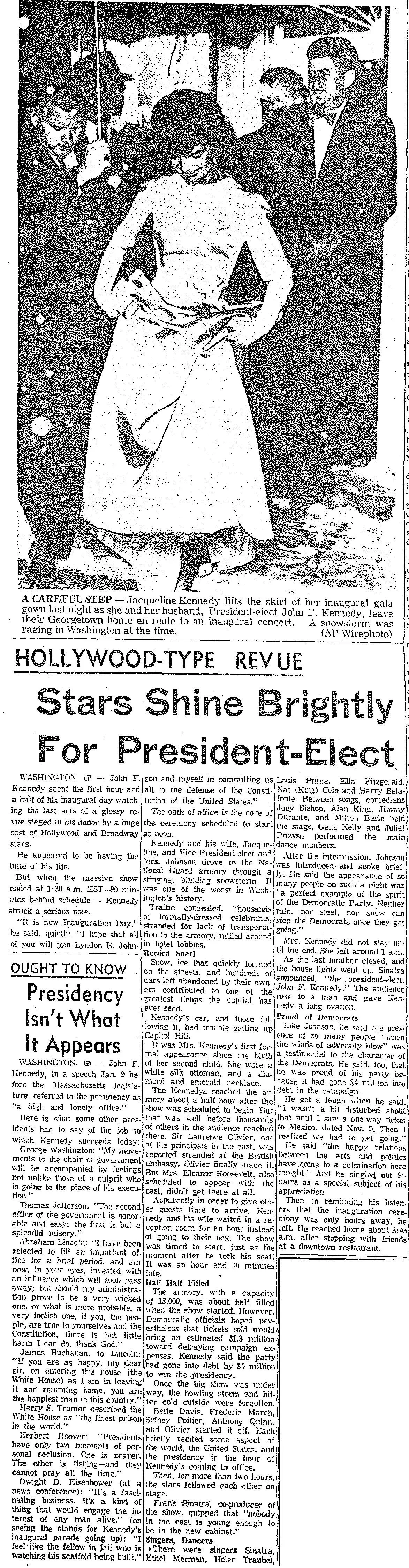Newspaper page from the Corpus Christi Times with an AP Wirephoto of Jacqueline Kennedy lifting her gown during a snowstorm, alongside articles on the inaugural gala and a sidebar on past presidents' views of the office, January 1961