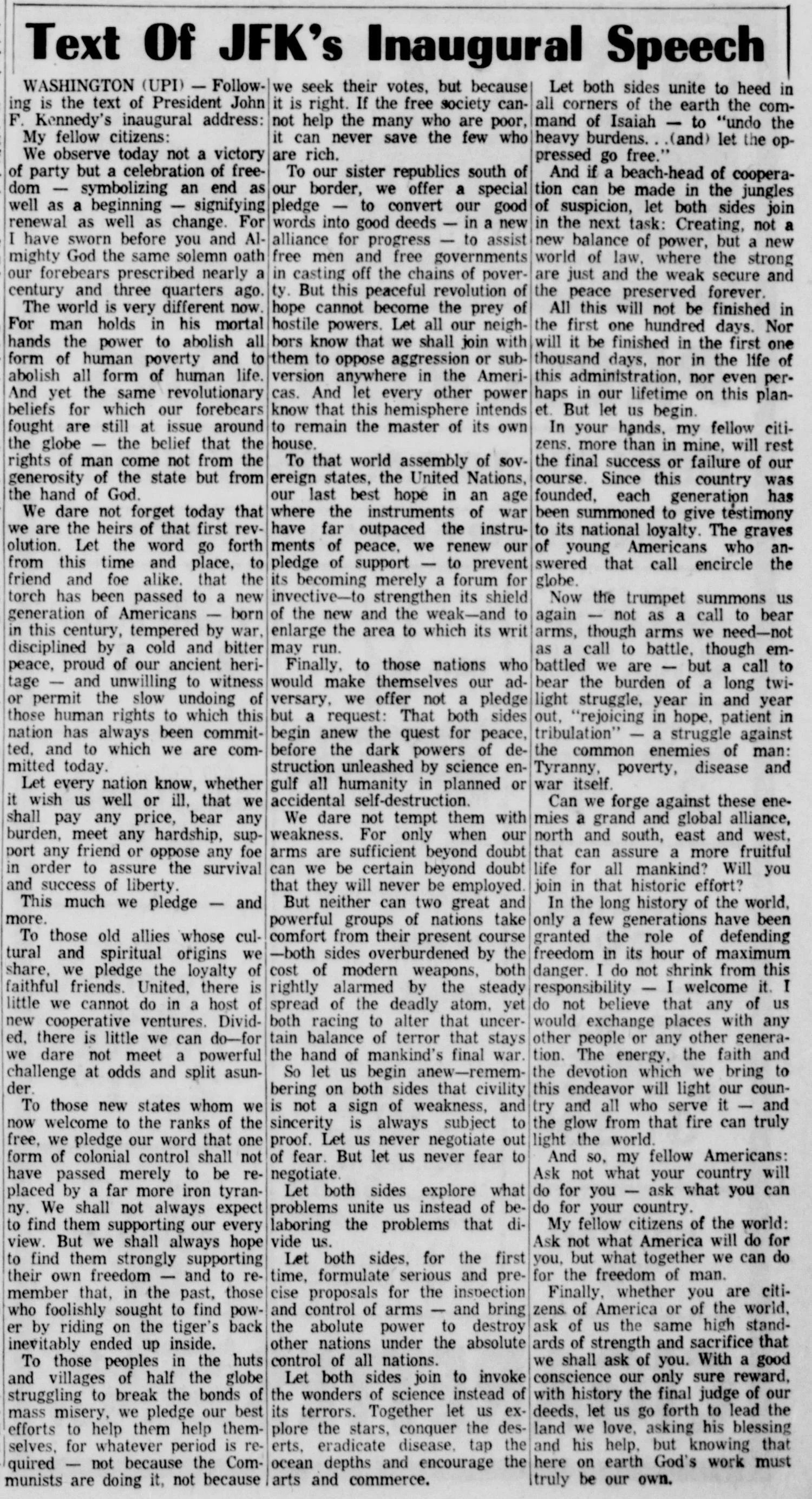 Newspaper clipping headlined "Text of JFK's Inaugural Speech," printing the full wire-service text of President Kennedy's 1961 address, Raleigh Register, January 1961