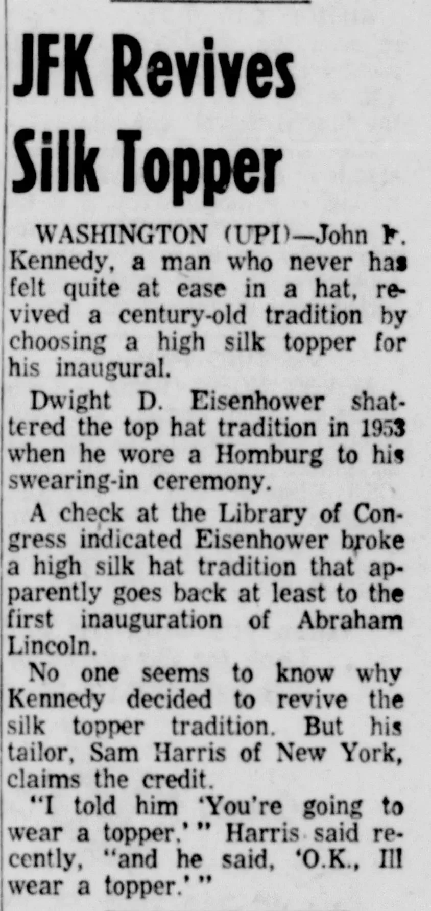 Newspaper clipping headlined "JFK Revives Silk Topper," on Kennedy's choice to wear a silk top hat at his inauguration, Raleigh Register, January 1961