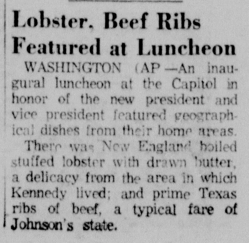 Newspaper clipping headlined "Lobster, Beef Ribs Featured at Luncheon," describing the geographic menu at Kennedy's inaugural luncheon, Waco News-Tribune, January 1961