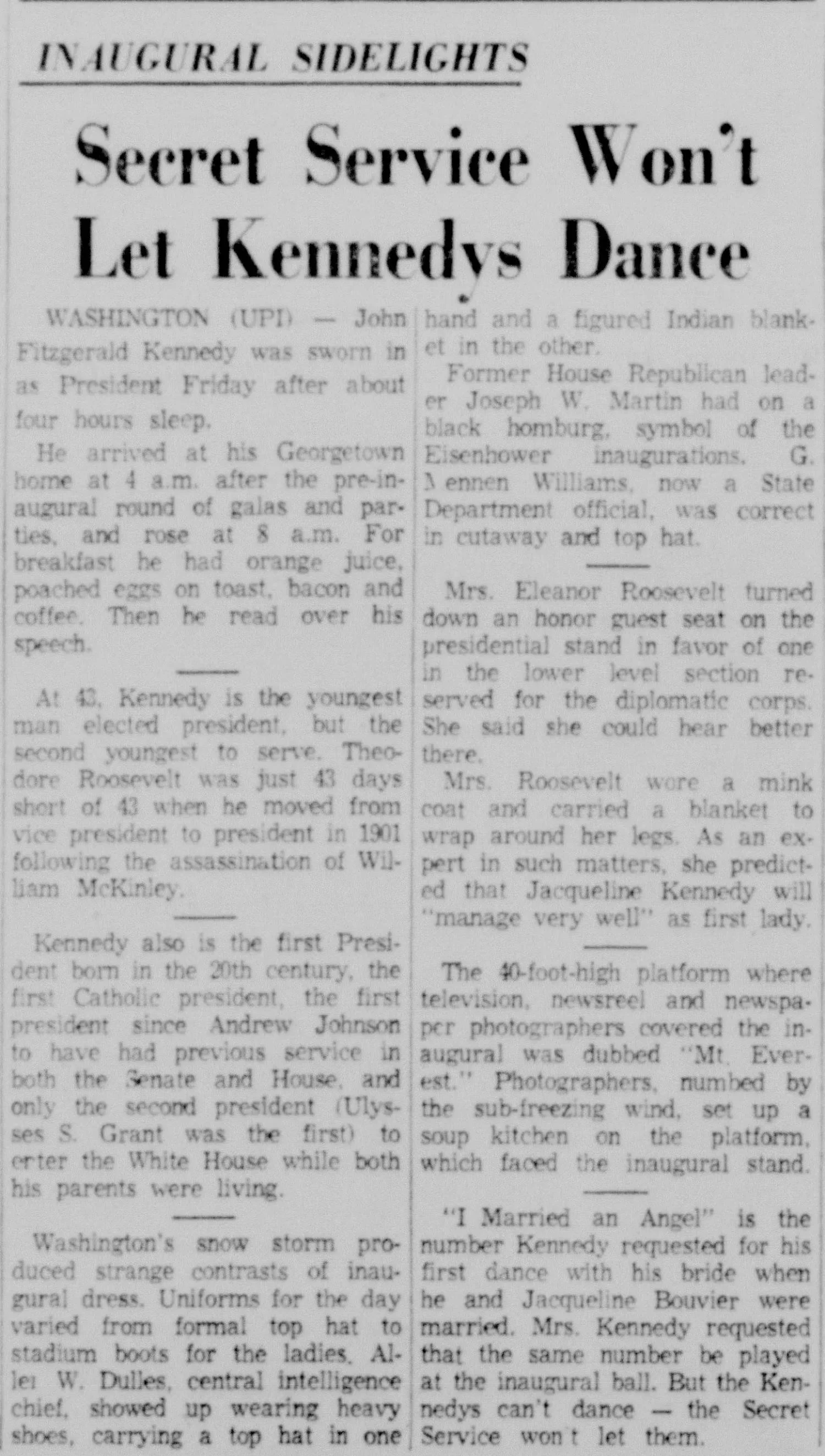 Newspaper clipping headlined "Secret Service Won't Let Kennedys Dance," about the Secret Service preventing President and Mrs. Kennedy from dancing at the inaugural ball, Waco News-Tribune, January 1961