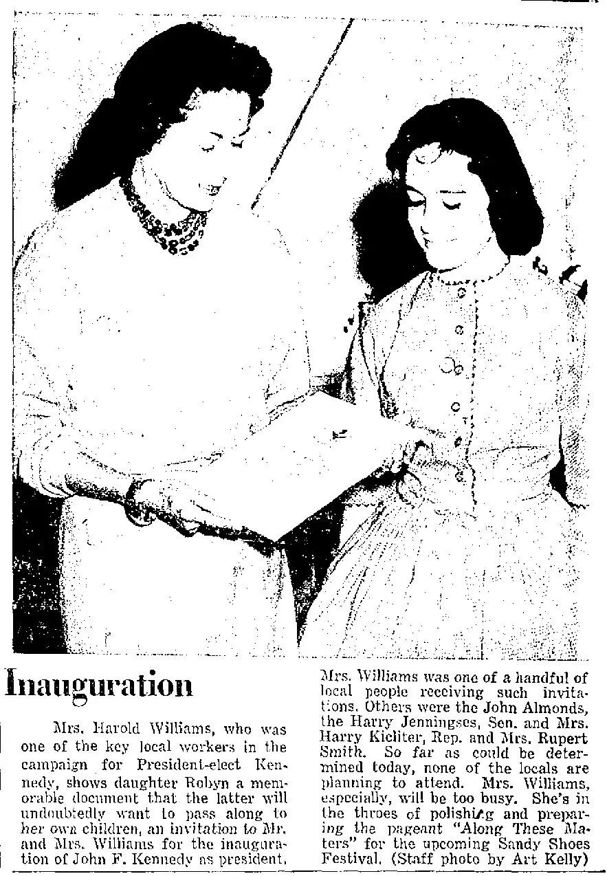 Newspaper clipping showing Mrs. Harold Williams and daughter Robyn holding an inauguration invitation, naming several local Fort Pierce, Florida families invited to the 1961 ceremony