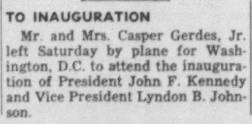 Newspaper clipping announcing Mr. and Mrs. Casper Gerdes Jr. traveling by plane to Washington, D.C. for President Kennedy's inauguration, Sinton San Patricio County News, January 1961